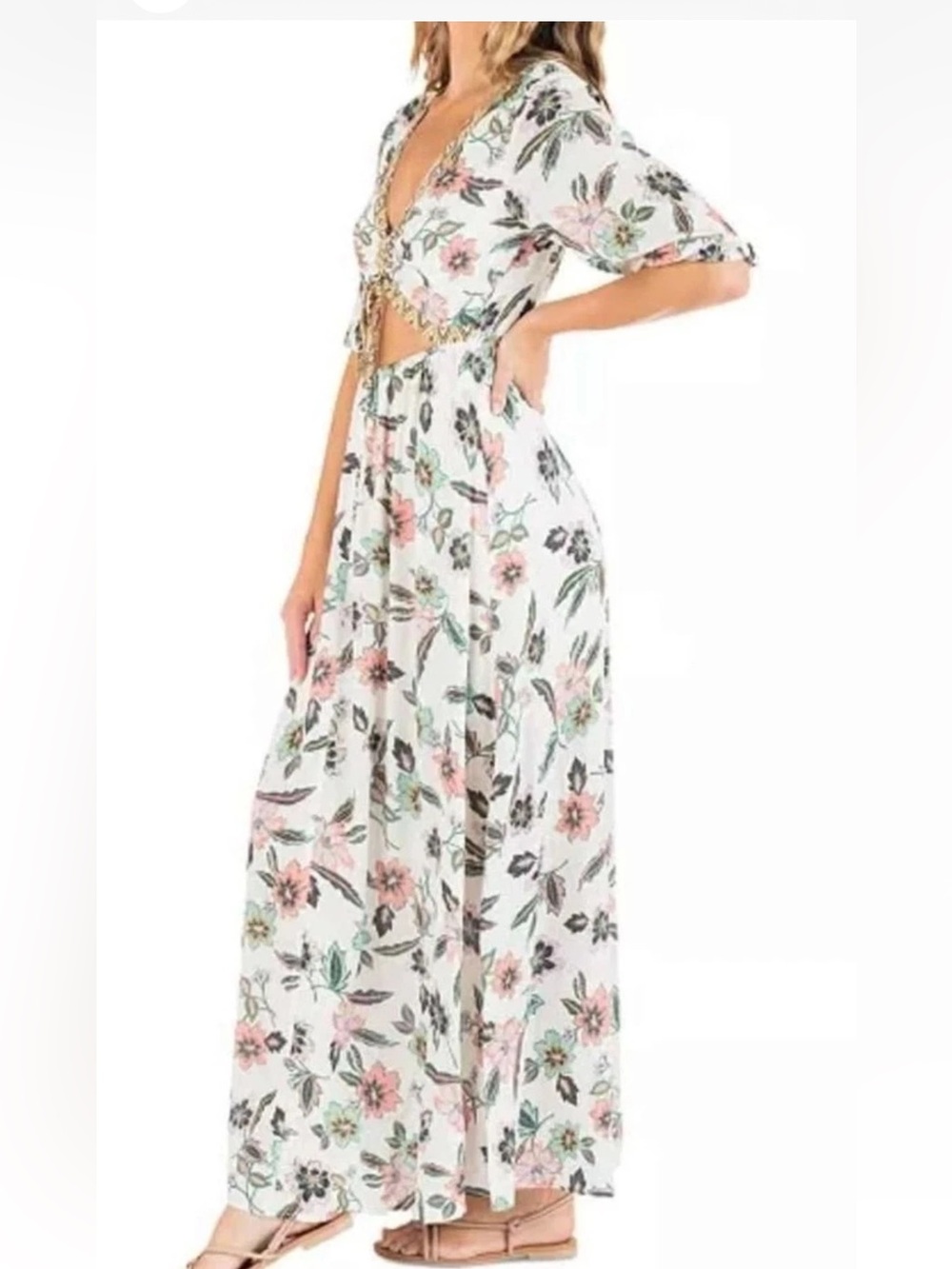 NWT WOMENS HURLEY MAXI LONG FLORAL DRESS BOHO BALLOON SLEEVEcut out detail SMALL